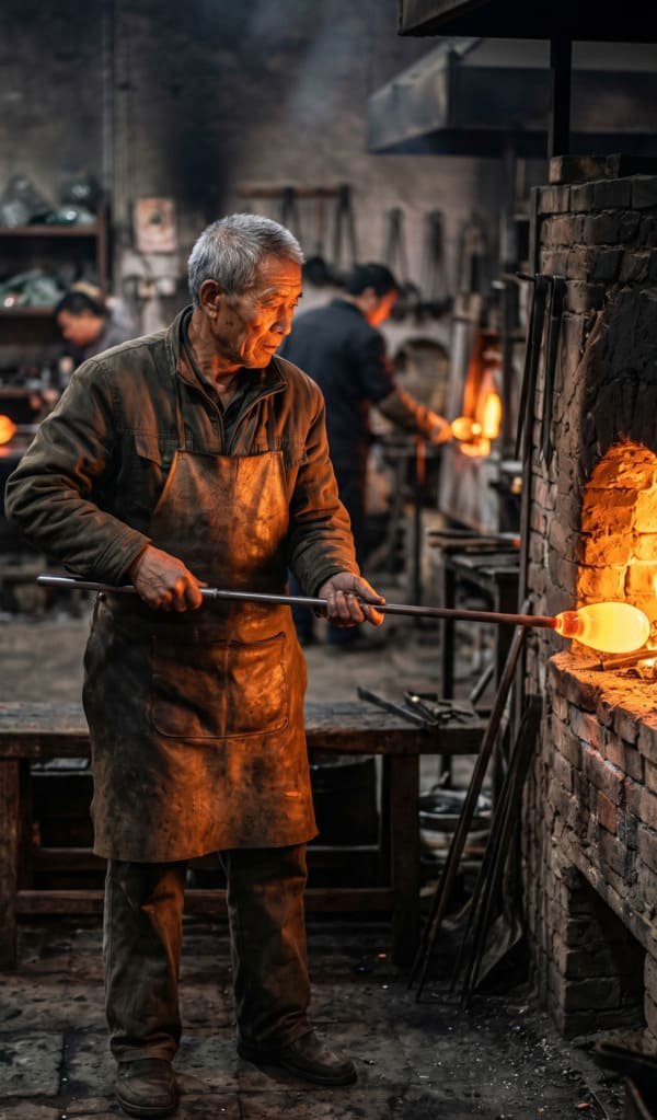 Master craftsman working with glowing molten glass in Qixian, Shanxi