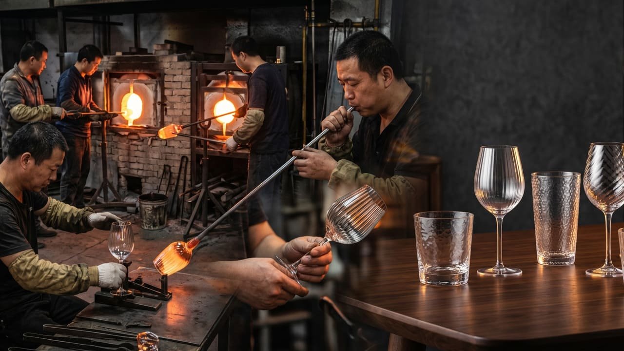 Chinese handmade glass craftsmen and finished textured glassware